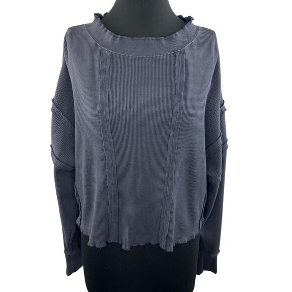 We The Free People Gray Cotton Waffle Knit Slouchy Relaxed Long Sleeve Top XS - Picture 1 of 6